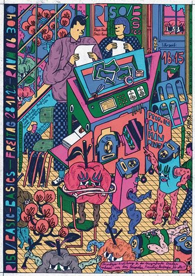 Poster for the RISO BASIC-BASICS event introducing risographic printing. The poster shows an illustration by Shiwen Sven Wang that depicts the process of risographic printing.