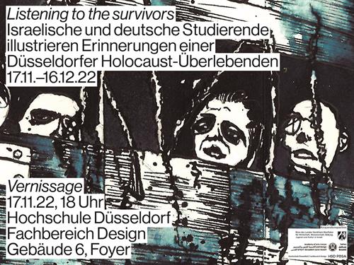 Poster with information about the exhibition "Listening to the survivors". The design is by Lynn Ruberg, the illustration by Antonio Riverón.