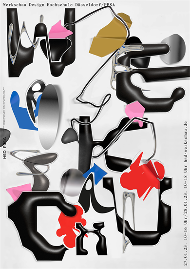 Poster for the exhibition of the winter semester 2023/23 of the design and interior/architecture departments of the Peter Behrens School of Arts at Düsseldorf University of Applied Sciences.