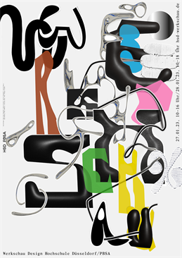 Poster zur Werkschau des Wintersemesters 2023/23 der Fachbereiche Design und Innen-/Architektur der Peter Behrens School of Arts an der Hochschule Düsseldorf.