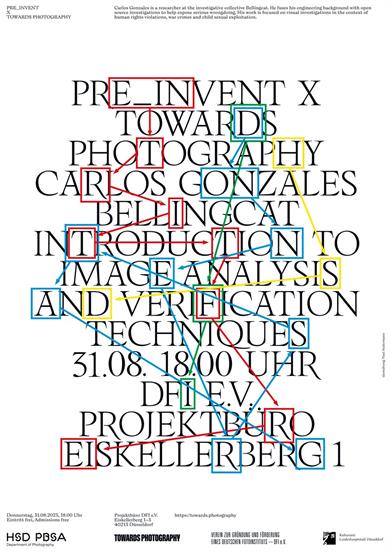 Poster for the event "Bellingcat - Introduction to Image Analysis and Verification Techniques" with Carlos Gonzales.