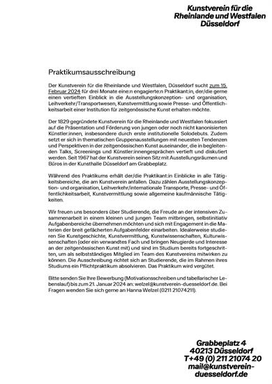 Praktikumsausschreibung des Kunstvereins für die Rheinlande und Westfahlen Düsseldorf.
